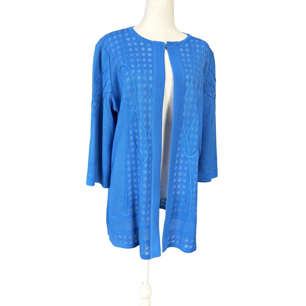 Ming Wang Cardigan Sweater Womens M Blue Geometric Open Knit 3/4 Sleeve